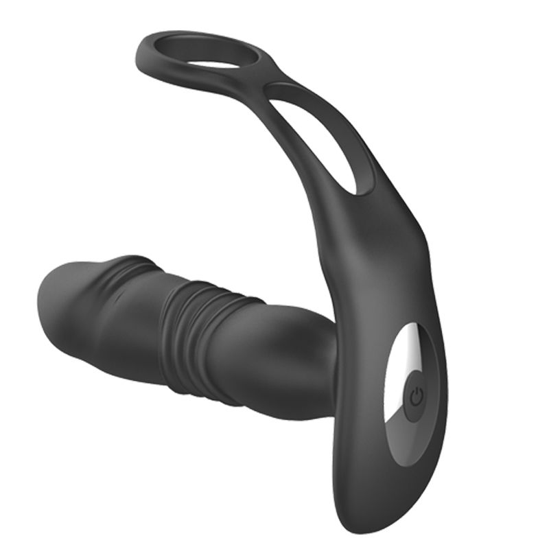 Thrusting Silicone Butt Plug with Cockring and Remote-XMEN-001-BLK