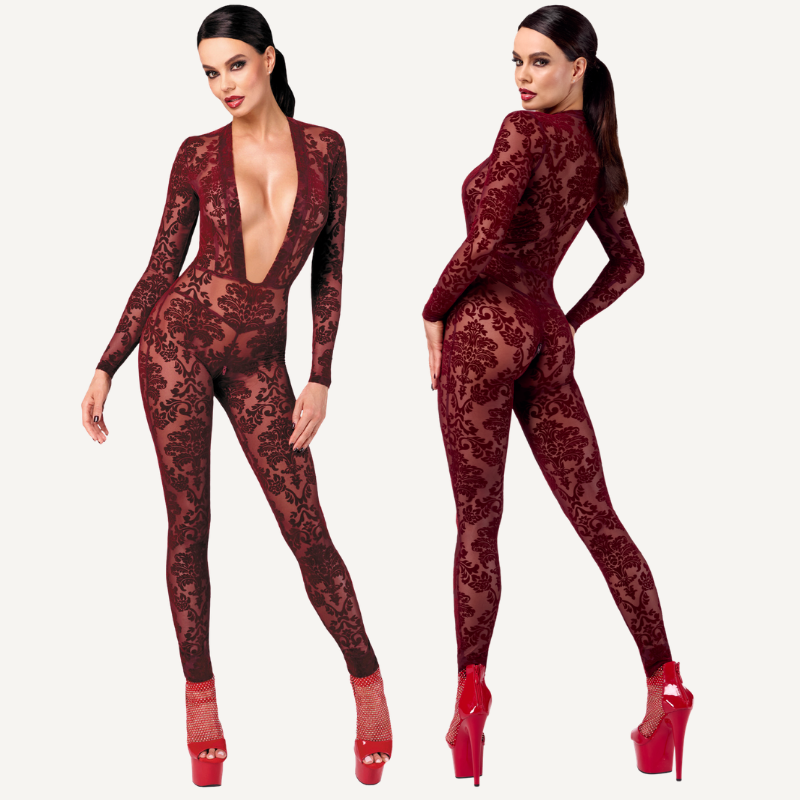 Kink Royal V Neck Catsuit Red-F382-RED-XS