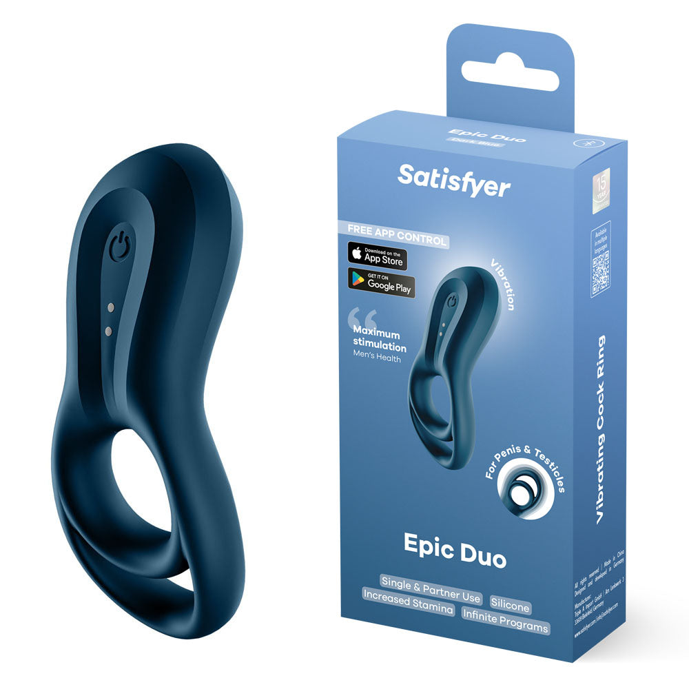 Satisfyer Epic Duo - Navy Blue USB Rechargeable Cock & Balls Ring with App Control - 4009940