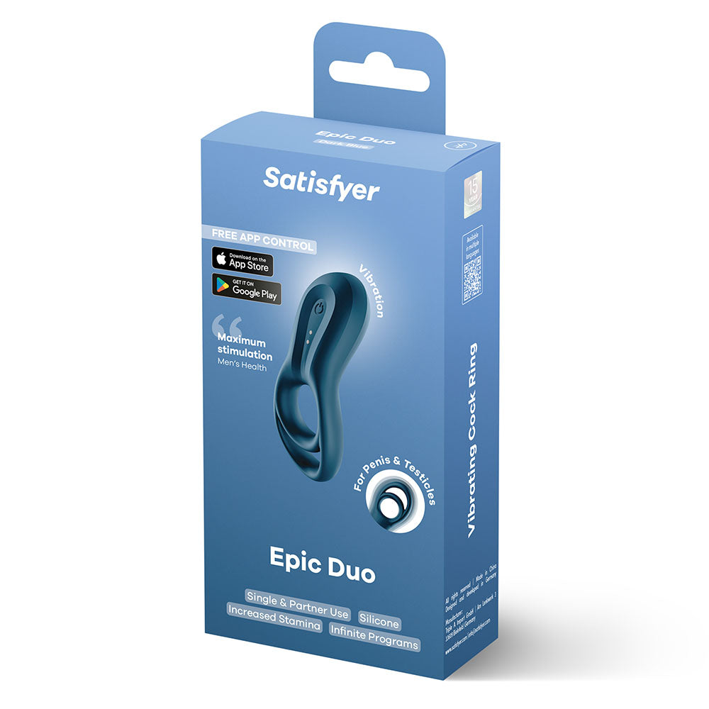 Satisfyer Epic Duo - Navy Blue USB Rechargeable Cock & Balls Ring with App Control - 4009940