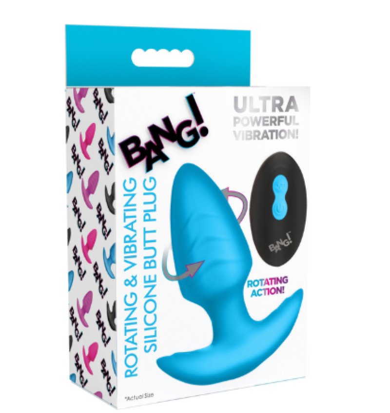 BANG! 10X Rotating & Vibrating Silicone Butt Plug w/ Remote - Blue-AH489-Blue
