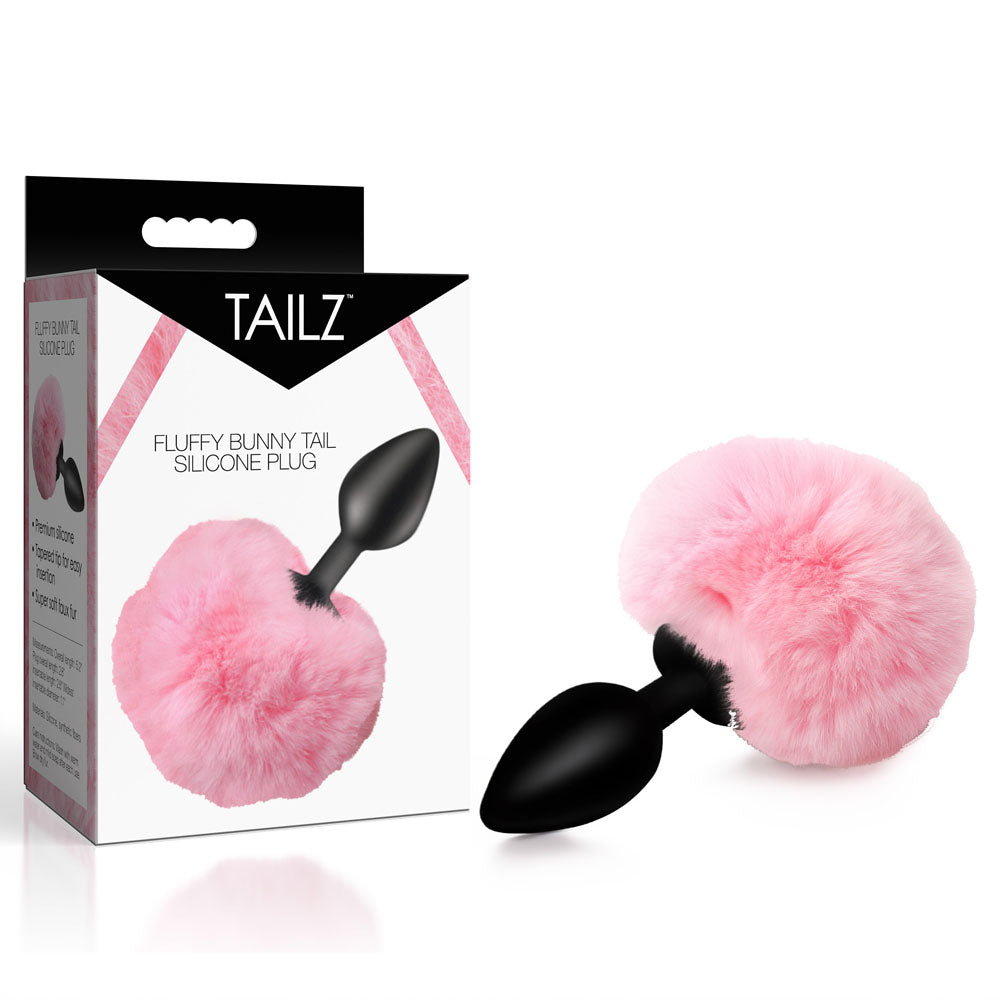 Tailz Fluffy Bunny Tail Silicone Plug - Pink - Black Butt Plug with Pink Bunny Tail - AH843-PINK