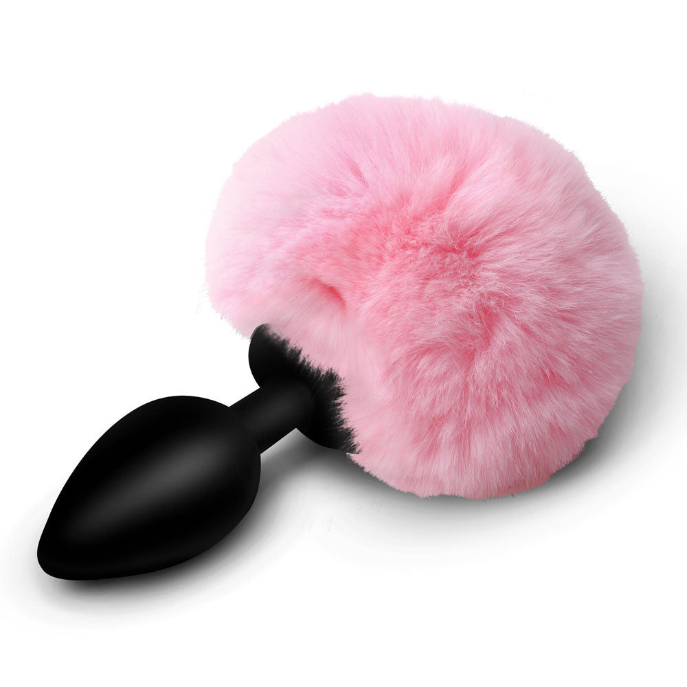Tailz Fluffy Bunny Tail Silicone Plug - Pink - Black Butt Plug with Pink Bunny Tail - AH843-PINK
