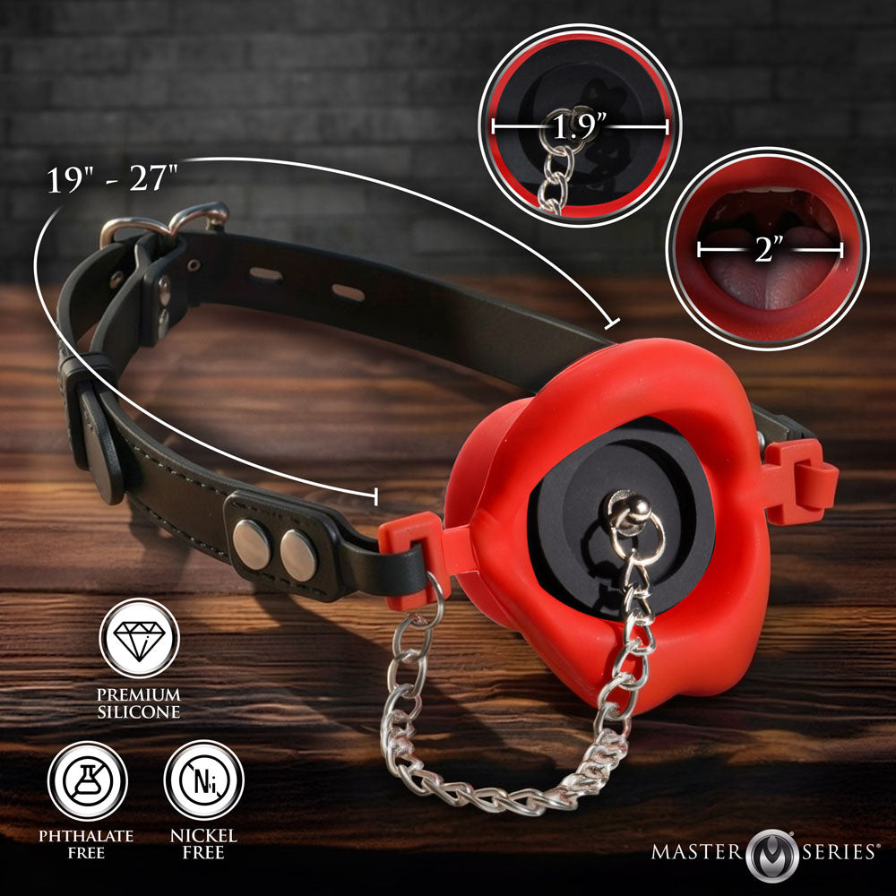 Master Series Plugged - Red Lips Silicone Feeding Mouth Gag - AH980-RED