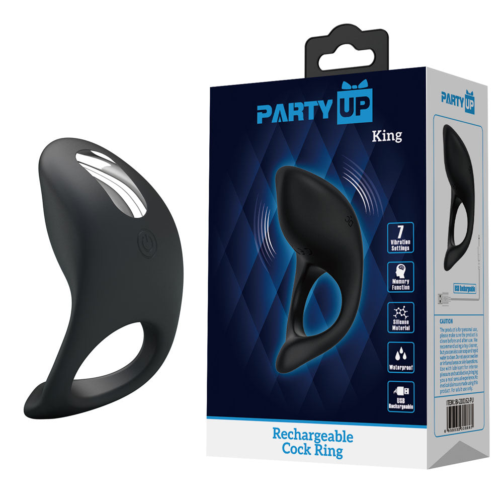 Party Up KING Rechargeable Cock Ring - Black USB Rechargeable Cock Ring-BI-210162-PU