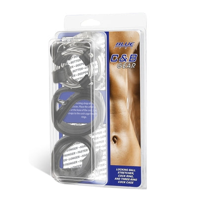 Blue Line Locking Ball Stretcher, Cock Ring, And Three-Ring Cock Cage