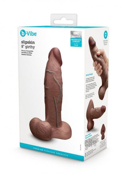 B-Vibe Slipskin Realistic Silicone Dildo- 8" Girthy Brown