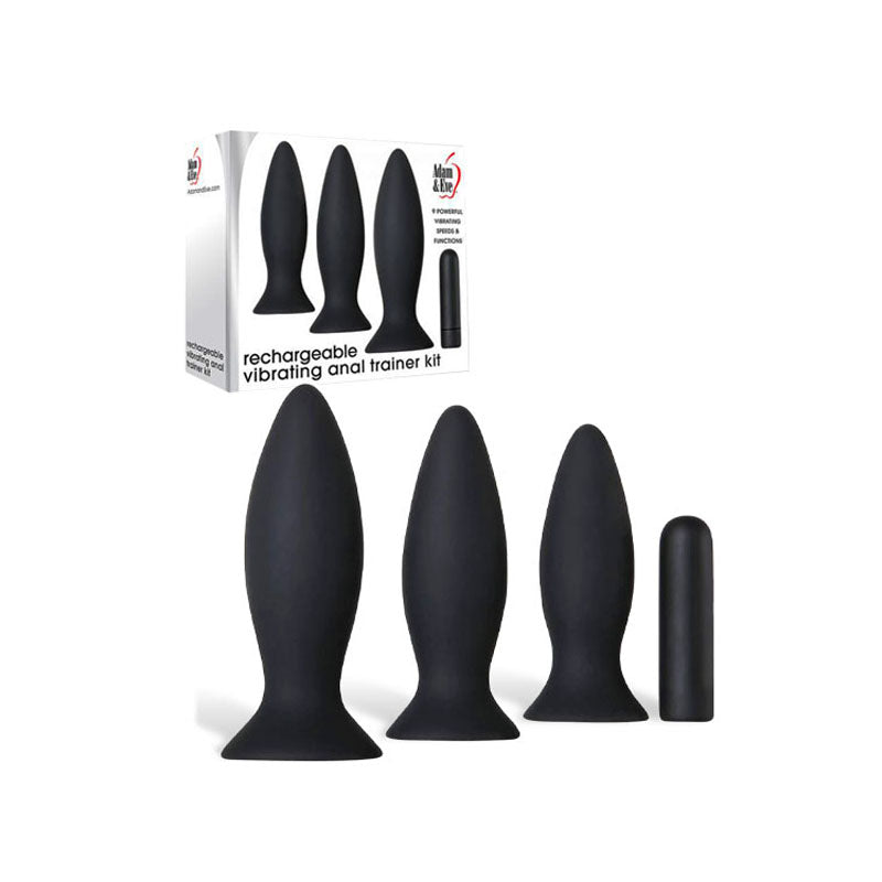 Adam & Eve Rechargeable Vibrating Anal Trainer Kit - Black Butt Plugs with USB Rechargeable Bul