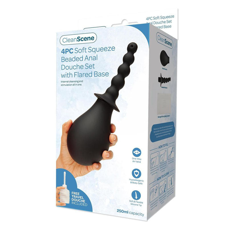 CleanScene 4 Piece Soft Squeeze Beaded Anal Douche Set with Flared Base - 250 ml Capacity with Free Travel Douche Included - CS103