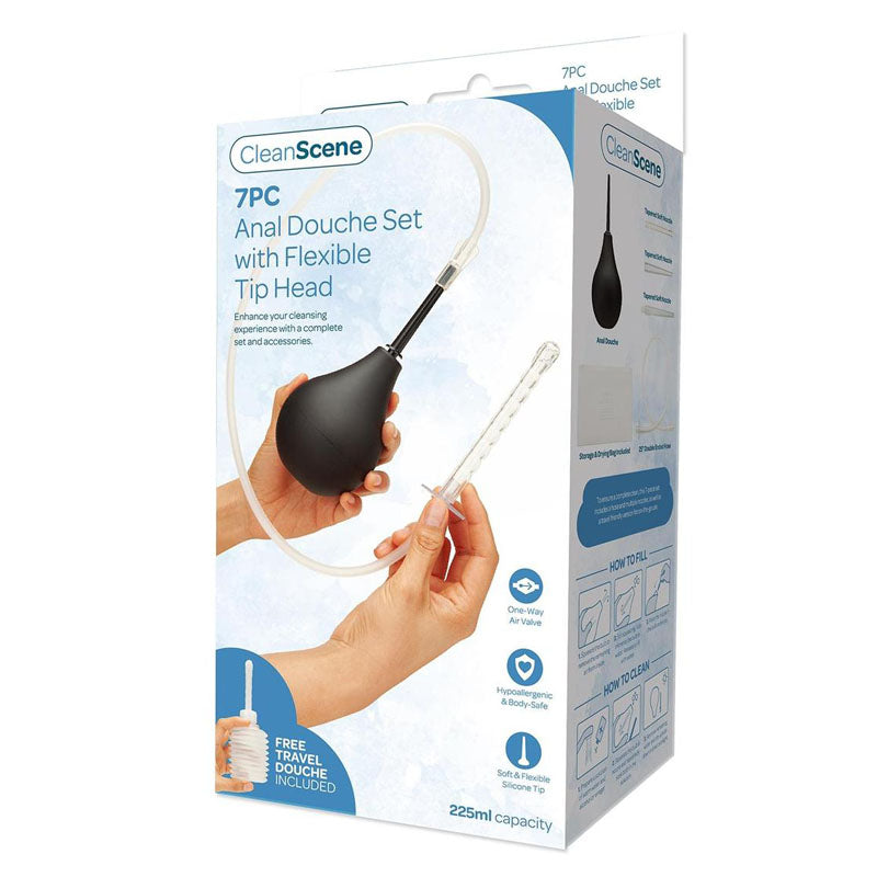 CleanScene 7 Piece Anal Douche Set with Flexible Tip Head - 225 ml Capacity with Free Travel Douche Included - CS104