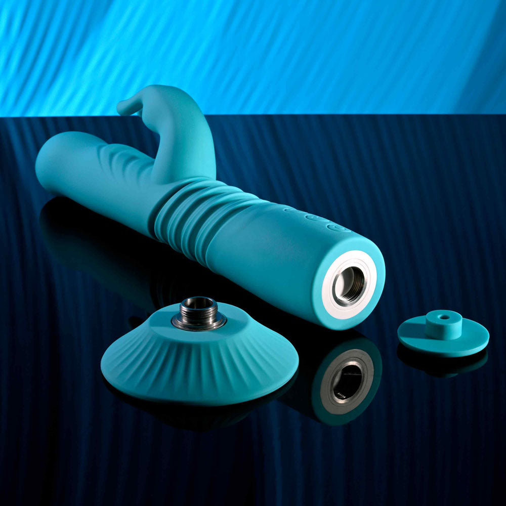 Evolved BUNNY HOP - Teal 25.1 cm USB Rechargeable Thrusting Rabbit Vibrator with Suction Base-EN-RS-6008-2