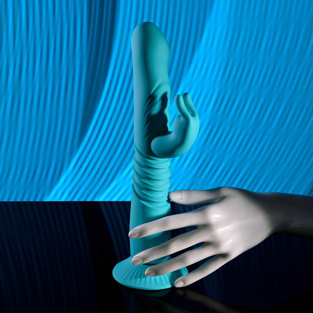 Evolved BUNNY HOP - Teal 25.1 cm USB Rechargeable Thrusting Rabbit Vibrator with Suction Base-EN-RS-6008-2