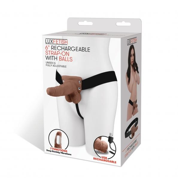 Lux Fetish 6" Rechargeable Strap-on With Balls - Brown-LF5213-BRN