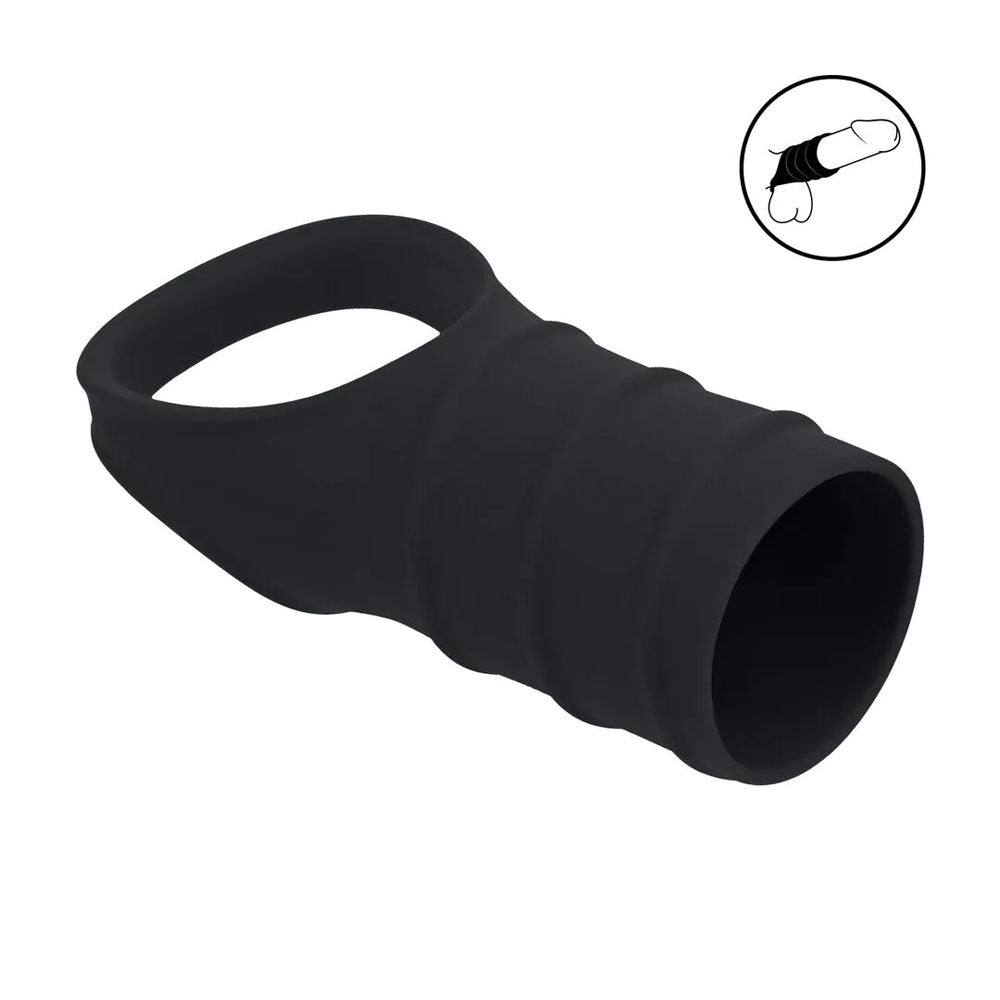 LEVELZ Silicone Cock Ring & Ribbed Sleeve - Black Cock Ring with Sleeve-LVL01-0045BLK