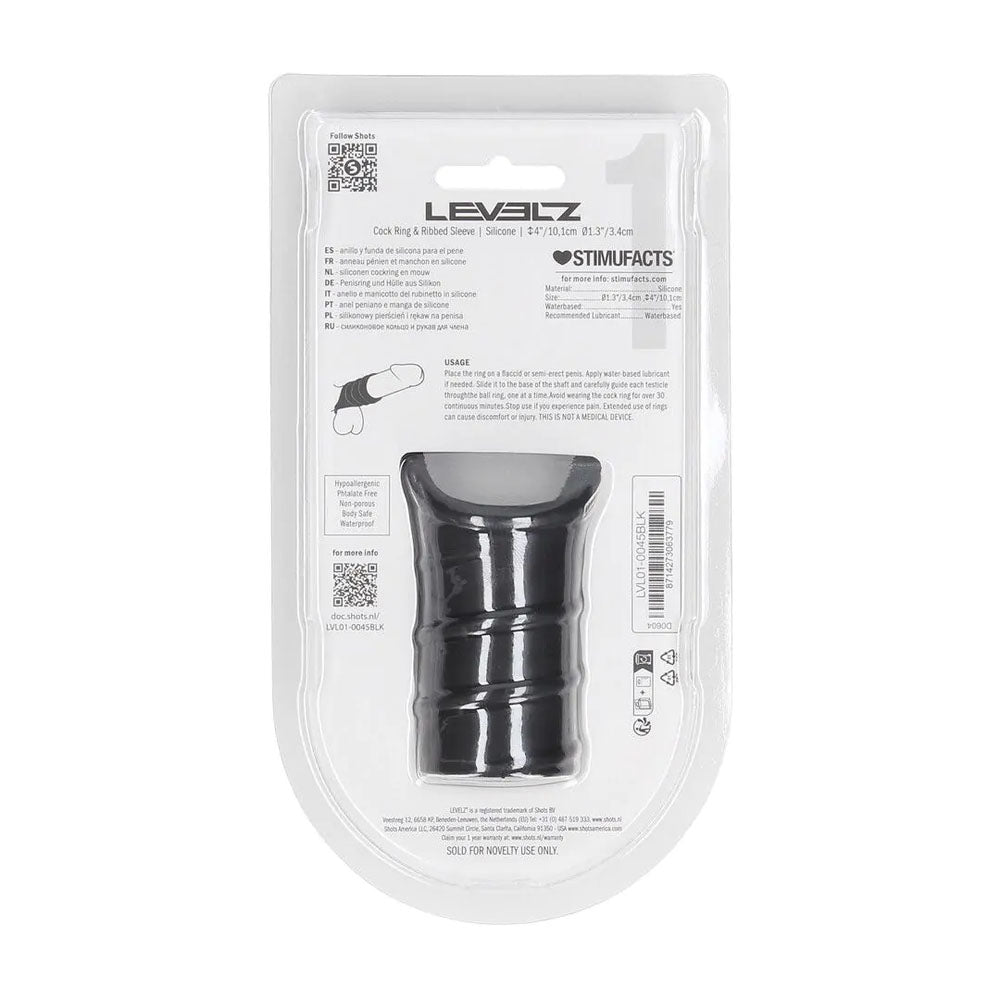 LEVELZ Silicone Cock Ring & Ribbed Sleeve - Black Cock Ring with Sleeve-LVL01-0045BLK