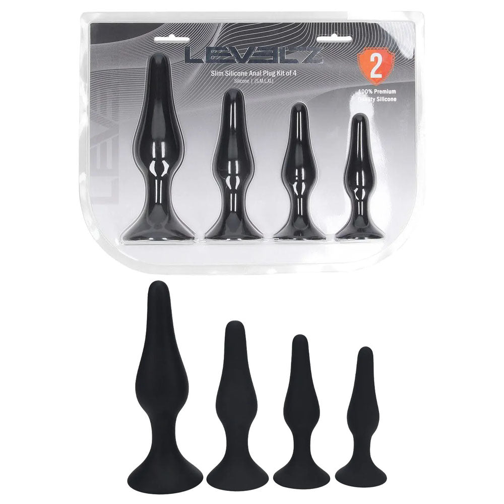LEVELZ Slim Silicone Anal Plug Kit of 4 - Black Butt Plugs - Set of 4 Sizes-LVL02-0017BLK