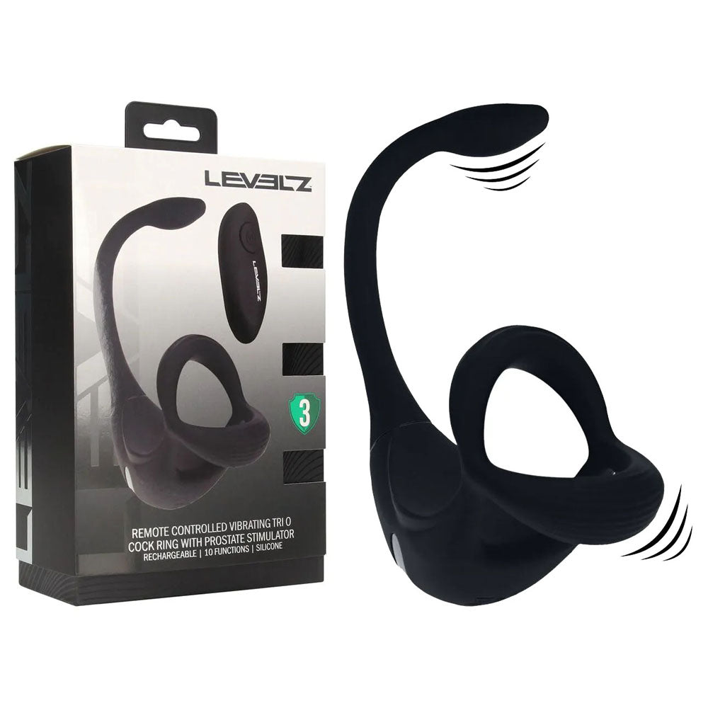 LEVELZ Remote Controlled Vibrating TriO Cock Ring with Prostate Stimulator - Black USB Rechargeable Vibrating Cock Ring with Anal Plug-LVL03-0032BLK