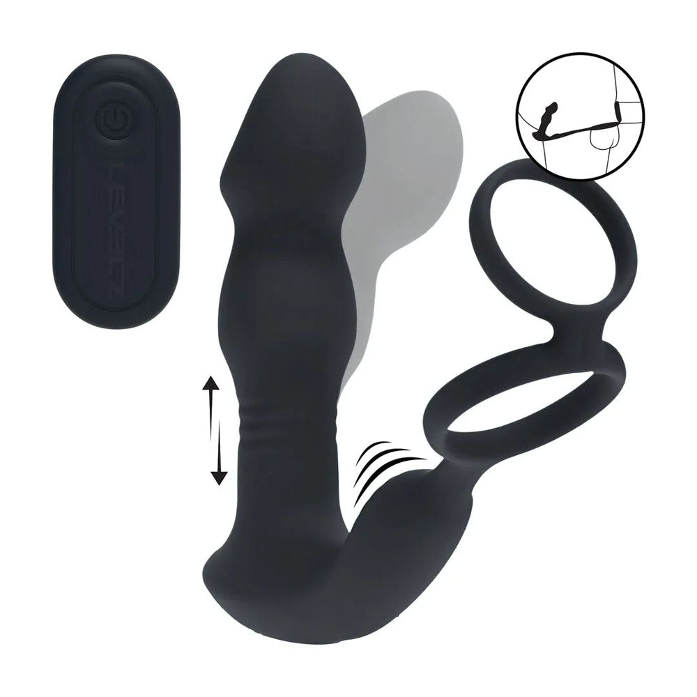 LEVELZ Remote Controlled Prostate Stimulator with Cock Ring - Black USB Rechargeable Vibrating Thrusting Prostate Massager with Cock Ring - LVL03-0042BLK