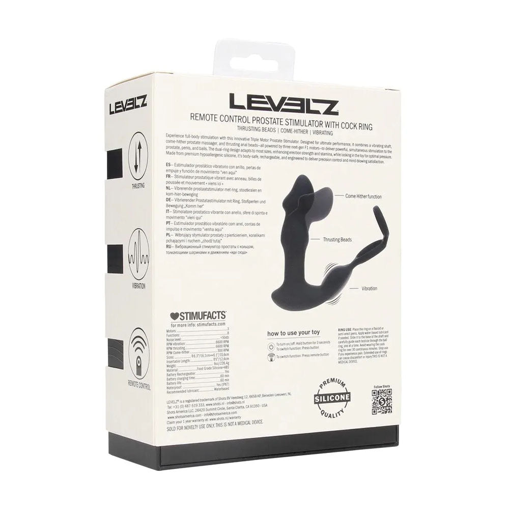 LEVELZ Remote Controlled Prostate Stimulator with Cock Ring - Black USB Rechargeable Vibrating Thrusting Prostate Massager with Cock Ring - LVL03-0042BLK
