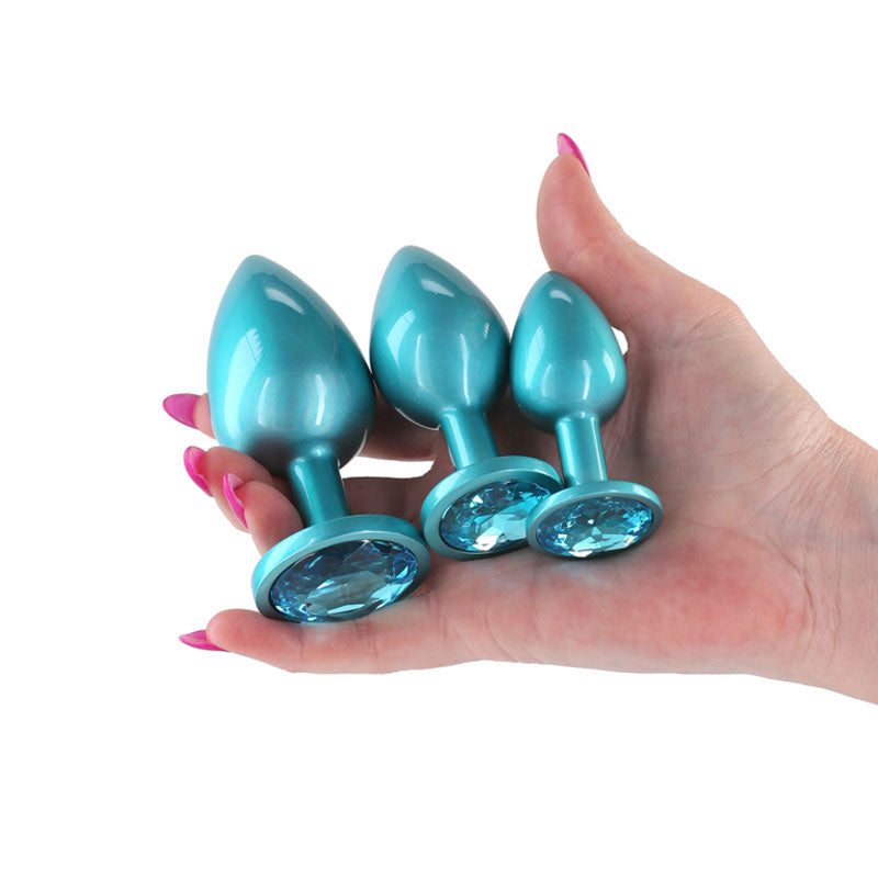 Rear Assets Trainer Kit - Iridescent Teal - Iridescent Teal Metallic Butt Plugs - Set of 3 Sizes - NSN-0960-07
