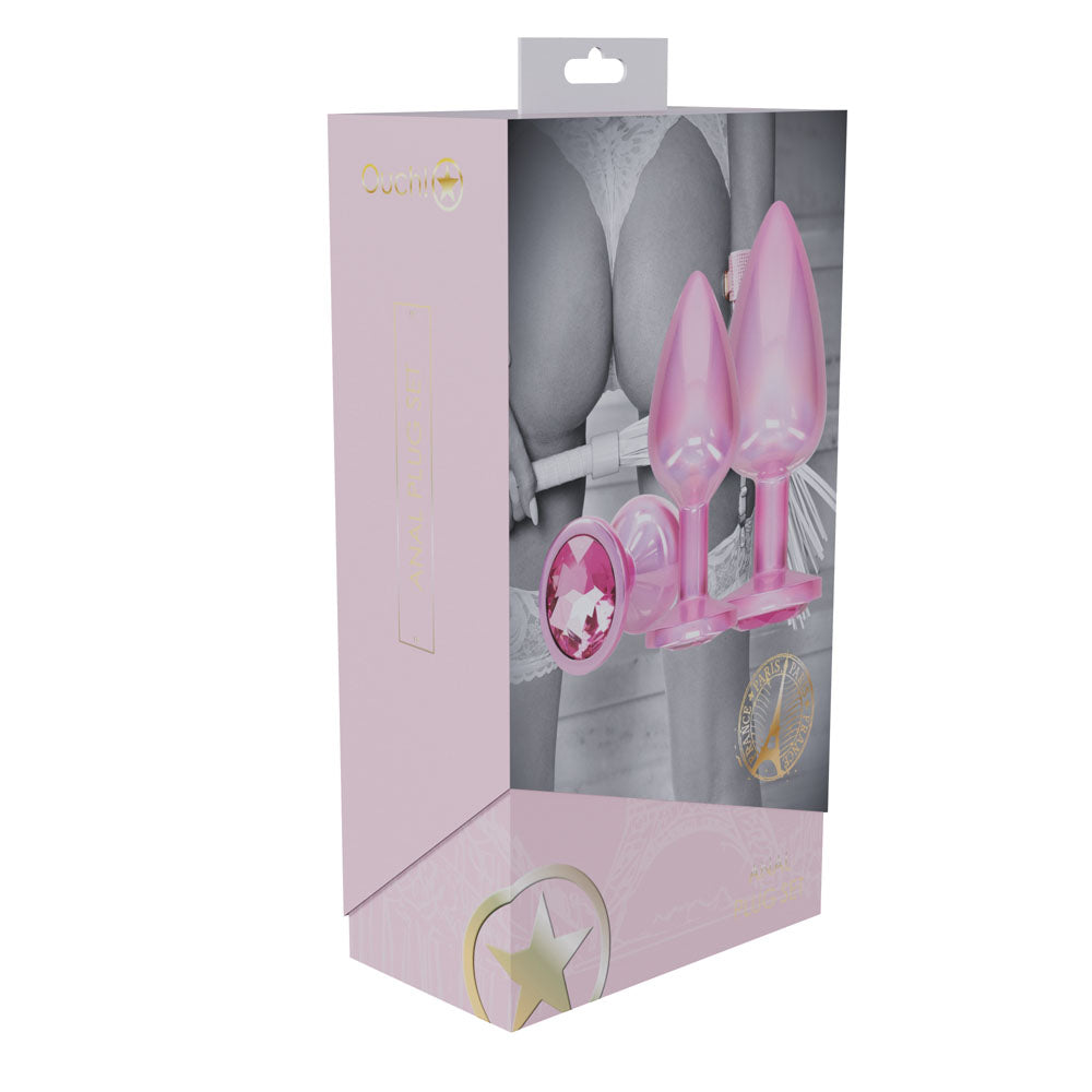 OUCH! Paris Collection - Metal Anal Plug Set - Pink - Metallic Pink Butt Plugs with Gem Bases - Set of 3 Sizes-OU1059PNK