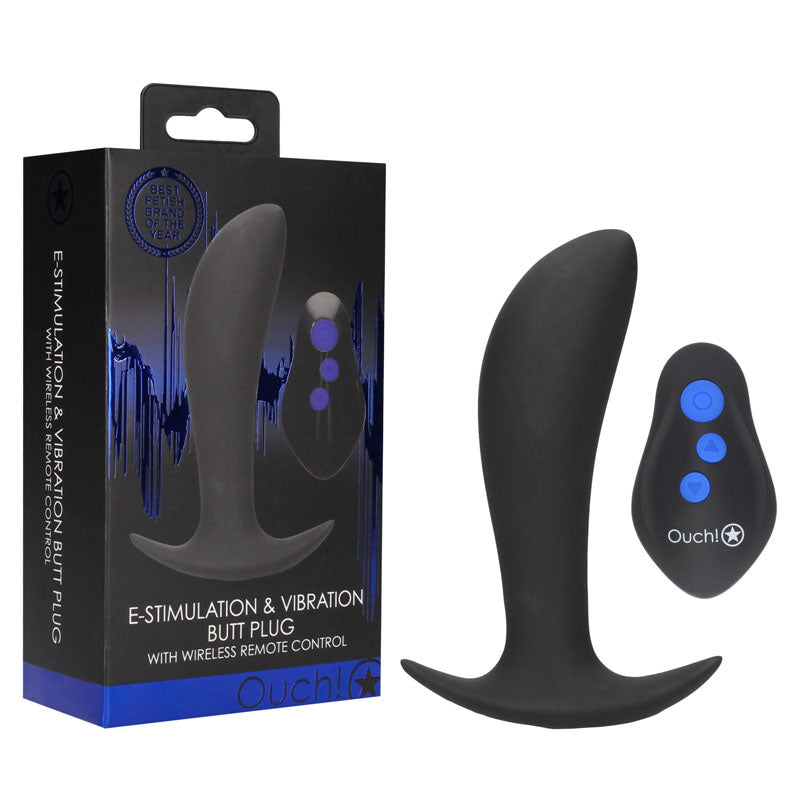 OUCH! e-Stim & Vibrating Butt Plug with Wireless Remote - Black 12.3 cm USB Rechargeable Vibrating Butt Plug with e-Stim-OU579BLK