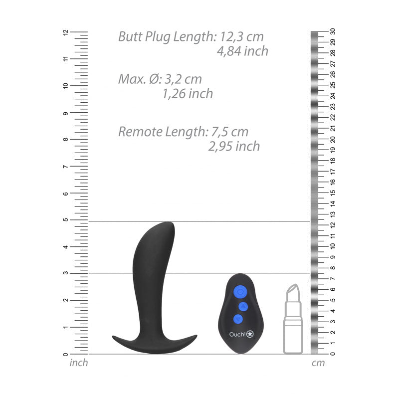 OUCH! e-Stim & Vibrating Butt Plug with Wireless Remote - Black 12.3 cm USB Rechargeable Vibrating Butt Plug with e-Stim-OU579BLK