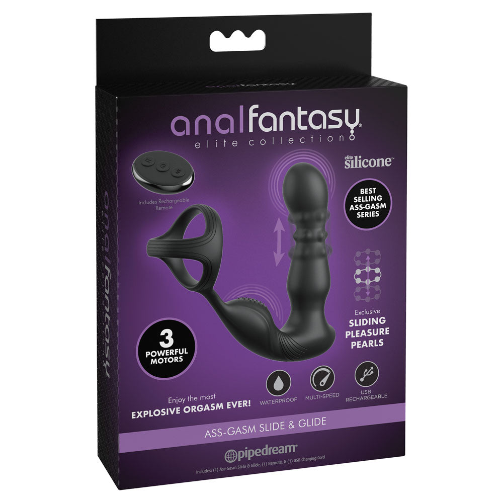 Anal Fantasy Elite Ass-Gasm Slide & Glide - Black USB Rechargeable Prostate Massage with Cock Ring-PD4795-23