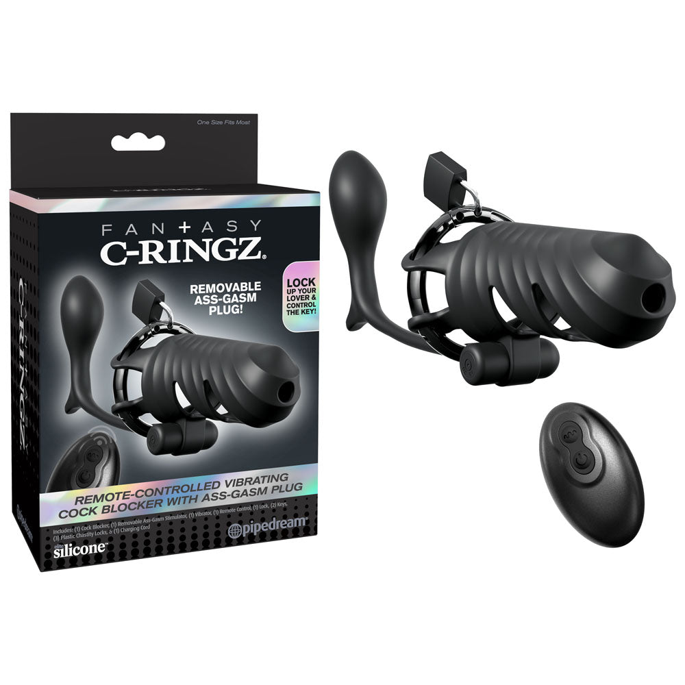 Fantasy C-Ringz Remote-Controlled Vibrating Cock Blocker with Ass-Gasm Plug - Black Vibrating Cock Cage with Anal Plug-PD5970-23