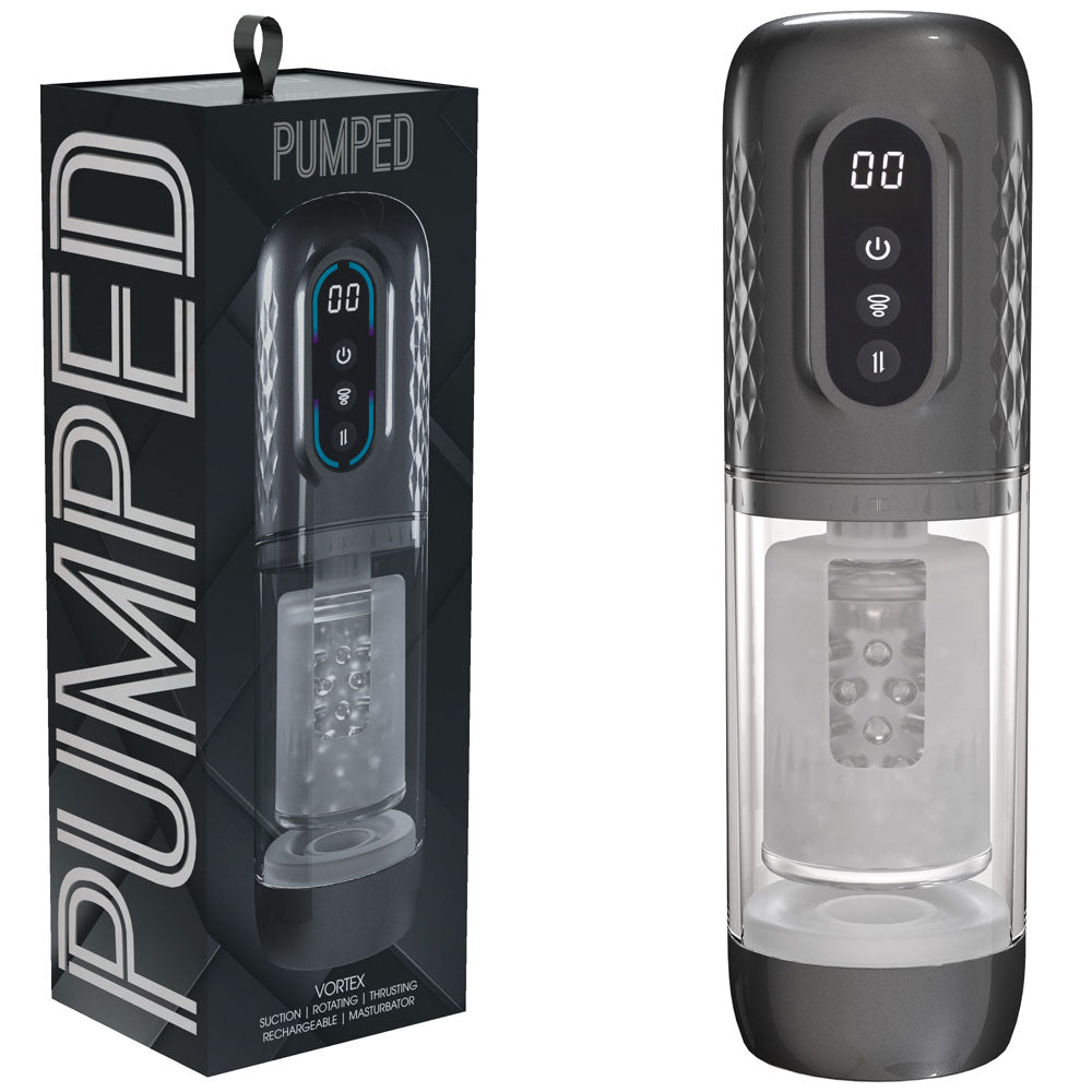 PUMPED Vortex - Gunmetal - Gunmetal Grey/Clear USB Rechargeable Sucking Rotating and Thrusting