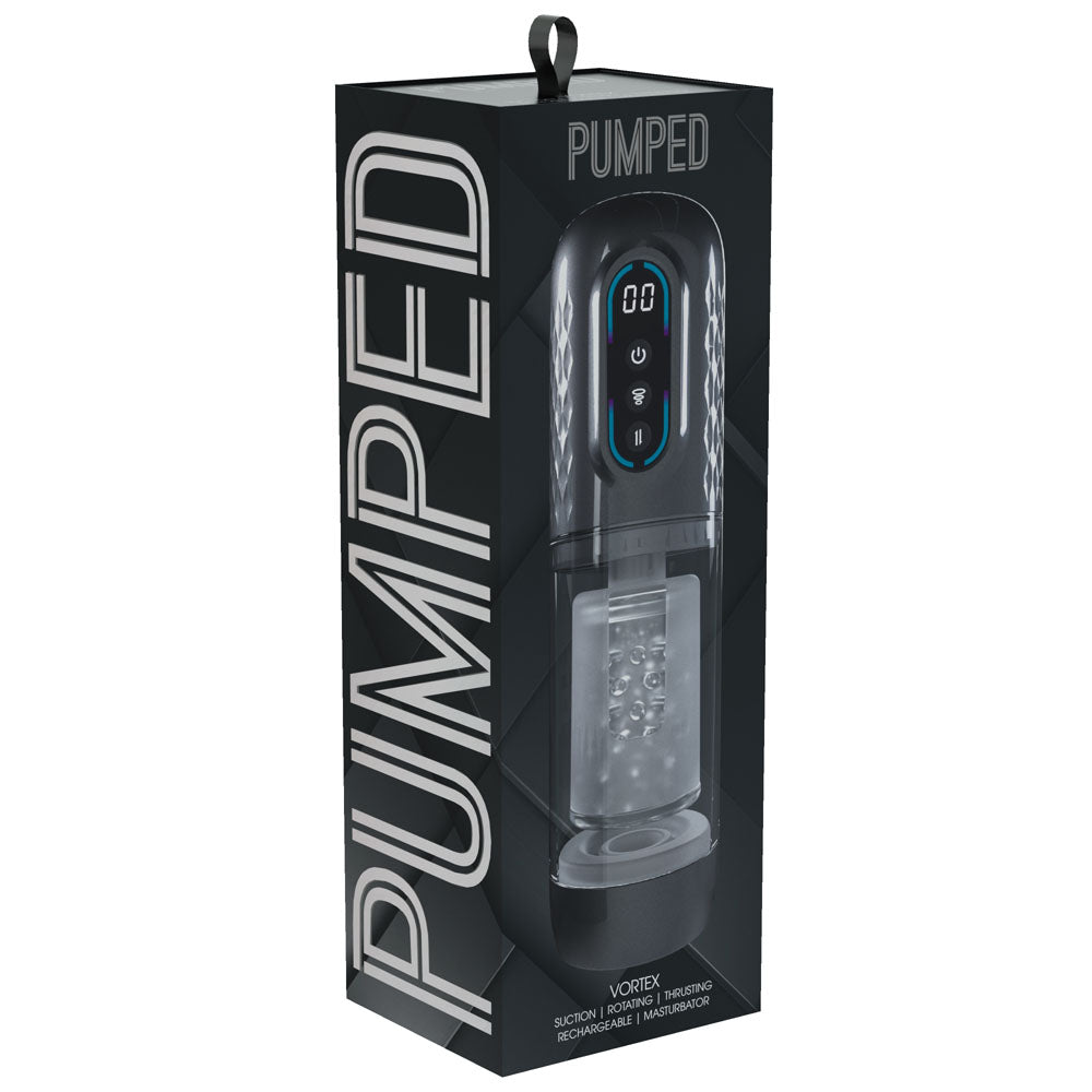 PUMPED Vortex - Gunmetal - Gunmetal Grey/Clear USB Rechargeable Sucking Rotating and Thrusting Auto Masturbator-PMP064GUN