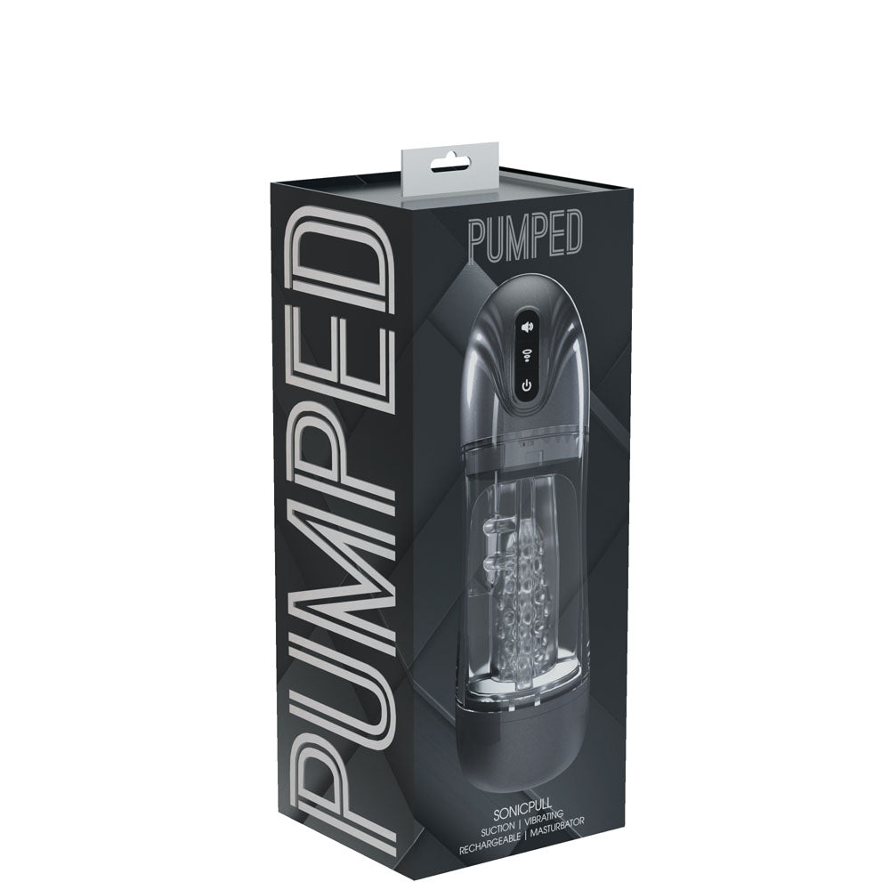 PUMPED SonicPull - Gunmetal - Gunmetal Grey/Clear USB Rechargeable Sucking And Vibrating Auto Masturbator-PMP066GUN