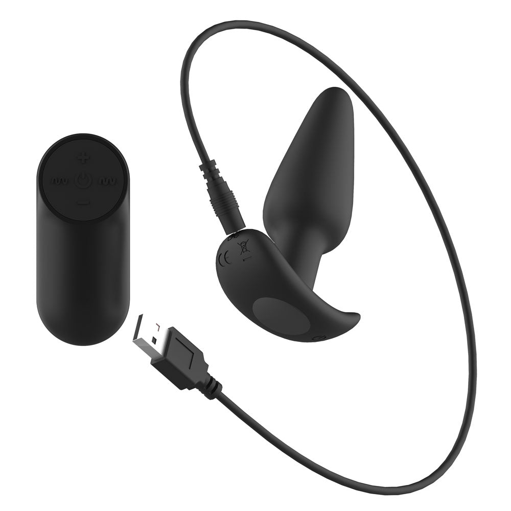 Passion Play Silicone Vibrating Butt Plug with Remote - Black 10.4 cm USB Rechargeable Vibratin