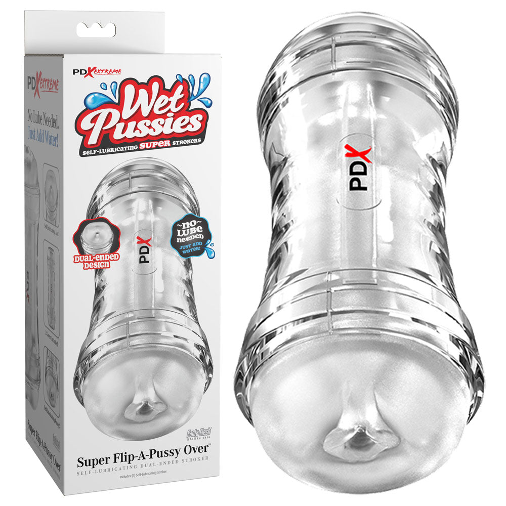PDX Wet Pussies Super Flip-A-Pussy Over - Clear - Clear Dual Ended Self Lubricating Stroker (Va
