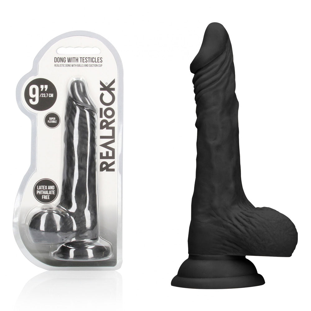 REALROCK 9 Realistic Dong with Balls - Black - Black 22.9 cm Dong - REA096BLK