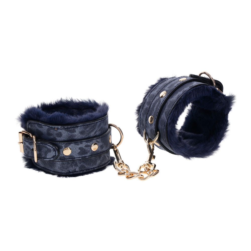 Sex & Mischief Cougar Fur Handcuffs - Navy Blue/Gold Furry Restraints - SS09971