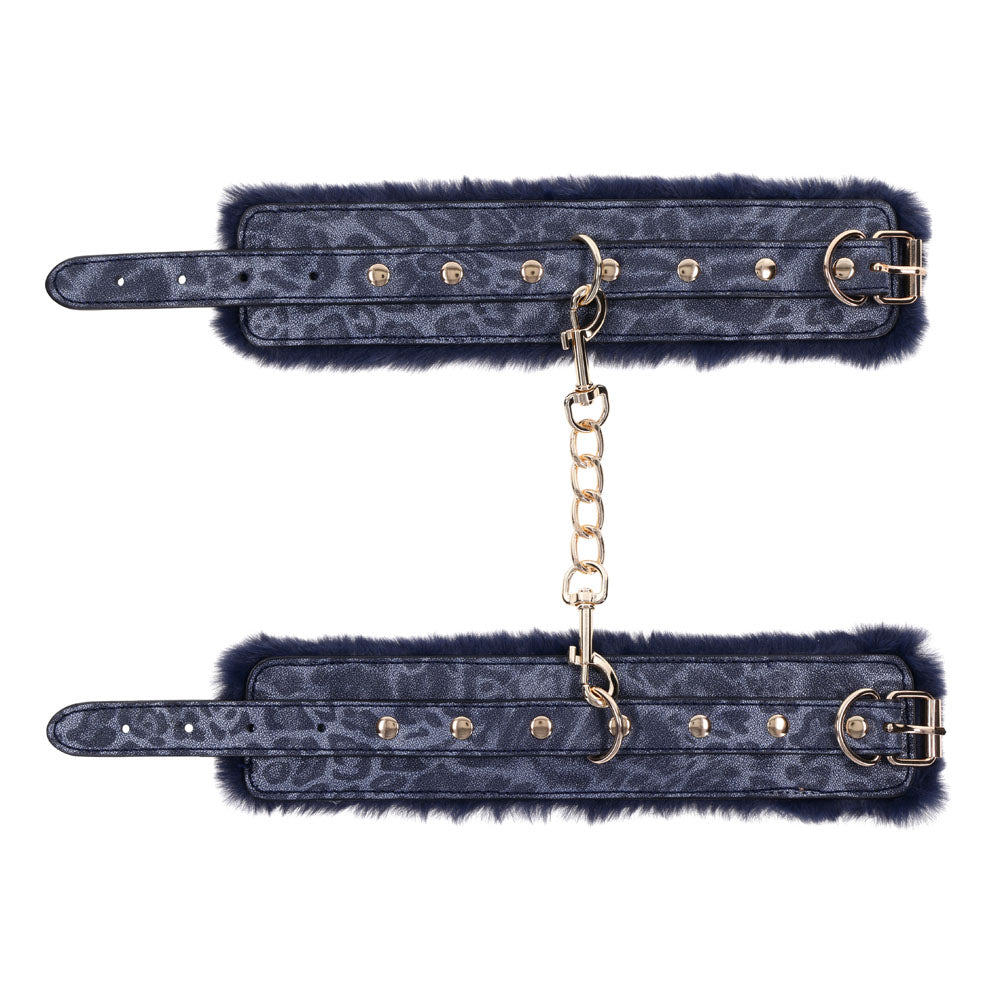 Sex & Mischief Cougar Fur Handcuffs - Navy Blue/Gold Furry Restraints - SS09971