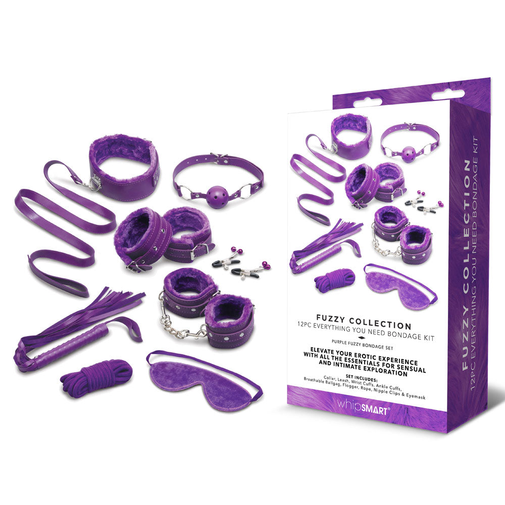 WhipSmart Fuzzy Everything You Need Bondage Kit - Purple Bondage Kit - 12 Piece Set - WS1073