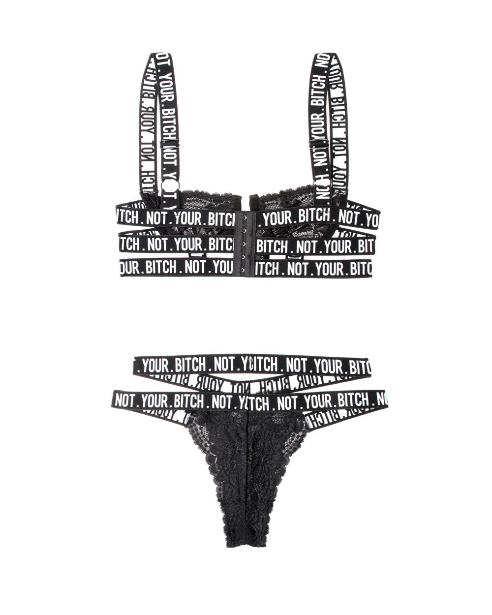 Not Your Bitch Lace Bra and Cutout Panty Set - Black - Large/XL