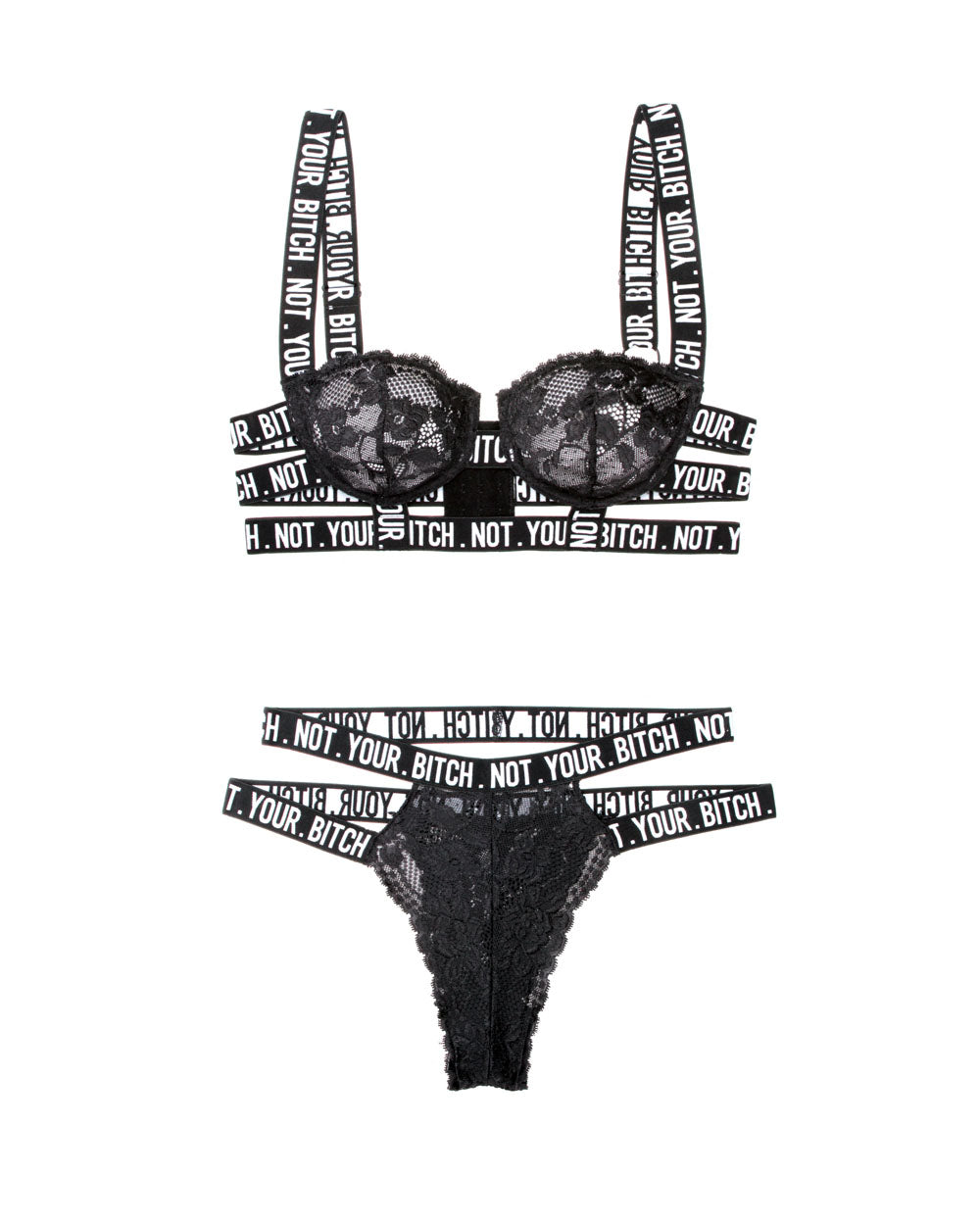 Not Your Bitch Lace Bra and Cutout Panty Set - Black - Large/XL