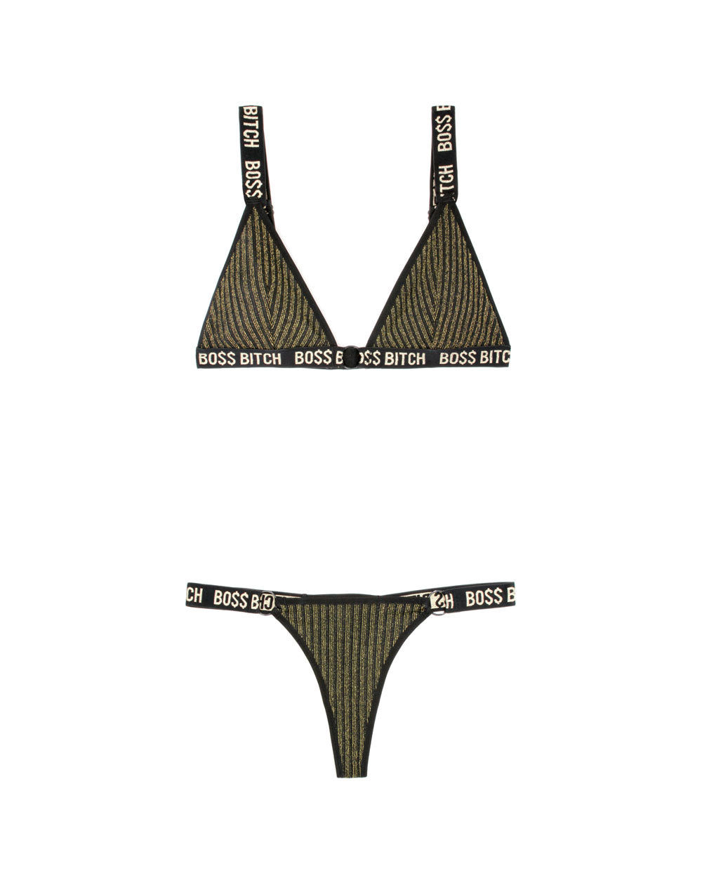 Boss Bitch Bralette and Thong Panty Set - Black / Gold - L/xl