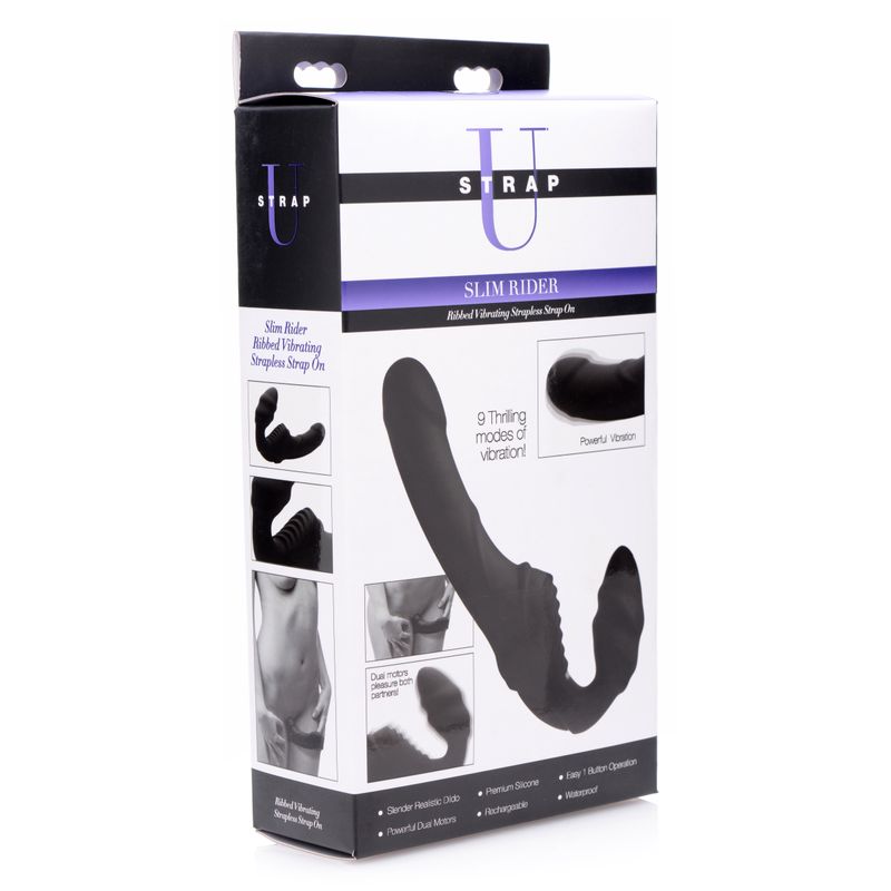 Slim Rider Ribbed Vibrating Silicone Strapless Strap On