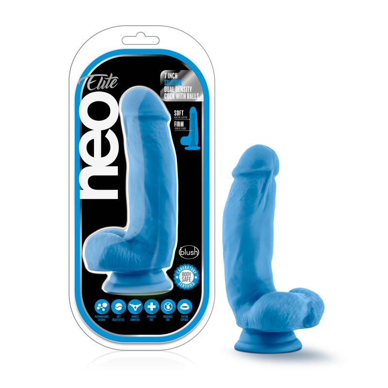 Neo Elite 7in Silicone Dual Density Cock with Balls Neon Blue