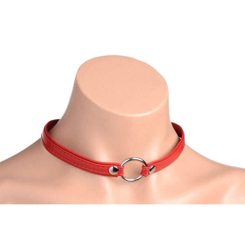 Fiery Pet Leather Choker w Silver Ring Red