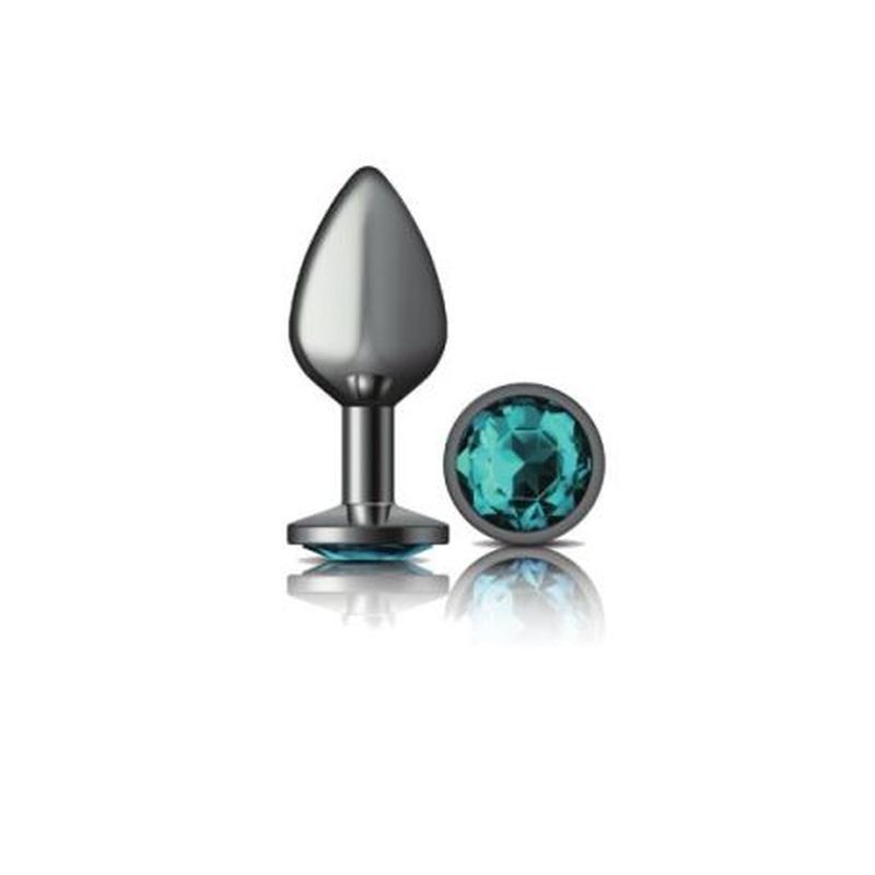 Cheeky Charms Gunmetal Round Butt Plug w Teal Jewel Medium