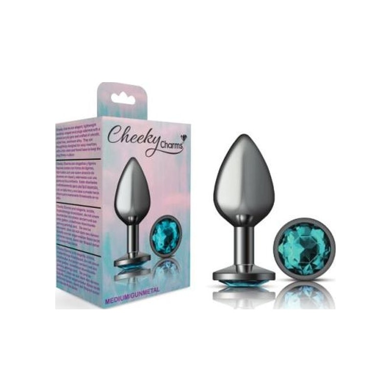 Cheeky Charms Gunmetal Round Butt Plug w Teal Jewel Medium