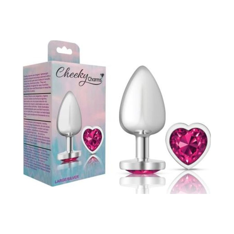 Cheeky Charms Silver Metal Butt Plug w Heart Pink Jewel Large