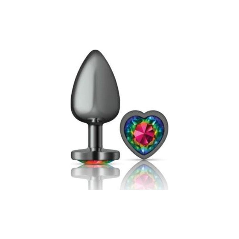 Cheeky Charms Gunmetal Butt Plug w Heart Rainbow Jewel Large