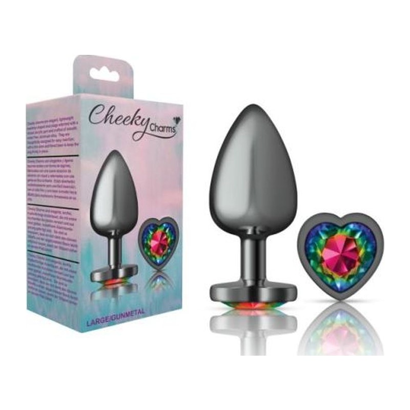 Cheeky Charms Gunmetal Butt Plug w Heart Rainbow Jewel Large