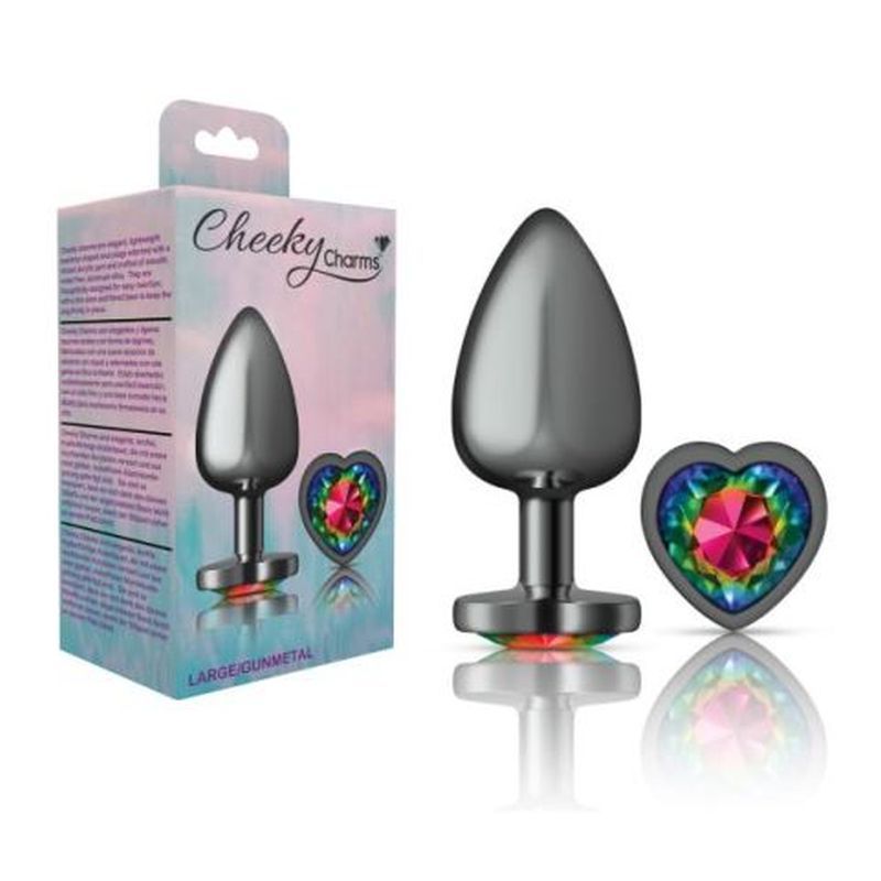 Cheeky Charms Gunmetal  Butt Plug w Heart Rainbow Jewel Large